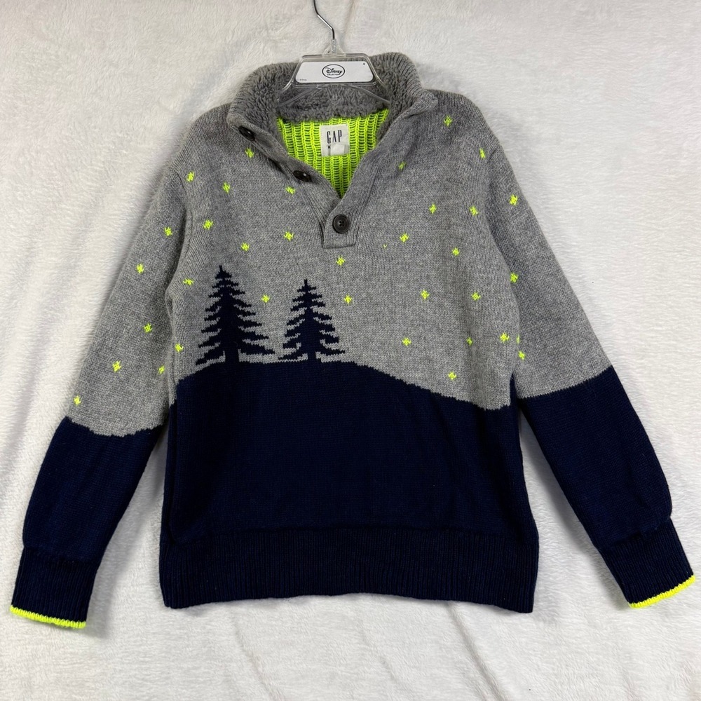 Gap S‎ 6/7 Gray Navy Pine Tree Sweater Landscape Sherpa Fleece Winter Fall Comfy
